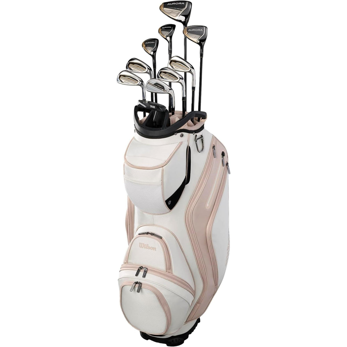 Wilson Golf Women’s Aurora complete golf club set with cart bag in white and blush pink, featuring full set of clubs and multiple zippered storage pockets.