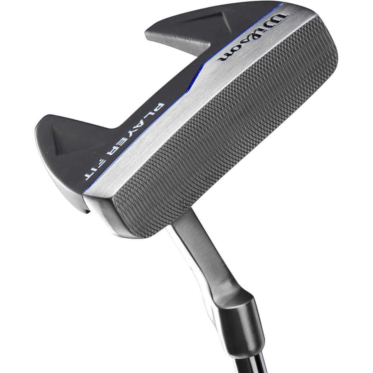 Wilson Golf Men’s PlayerFit steel complete golf club set with driver, woods, irons, and putter in a blue and black cart bag, shown standing on a white background.