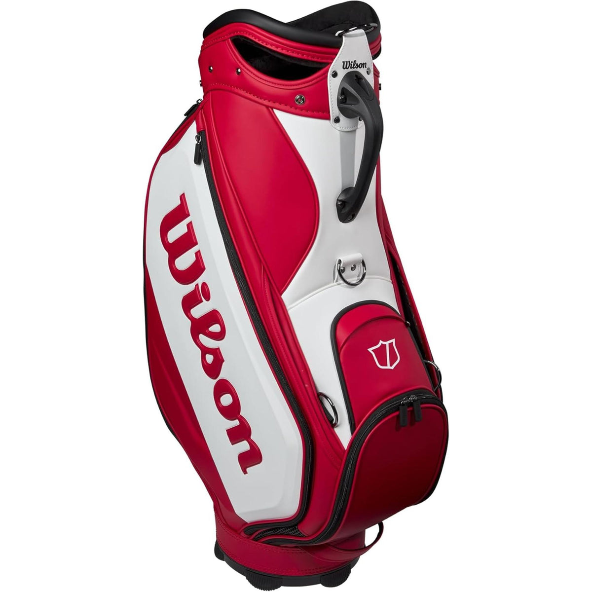 Wilson Golf Staff Tour cart bag in red and white with large Wilson logo, premium structured design, and multiple zippered storage pockets, displayed on a white background.