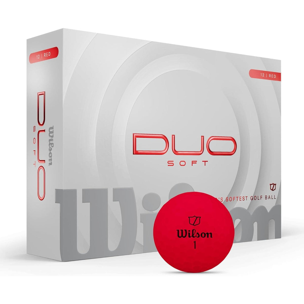 Wilson Golf DUO Soft golf balls 12-pack, shown with a white box and a golf ball featuring a green alignment stripe.