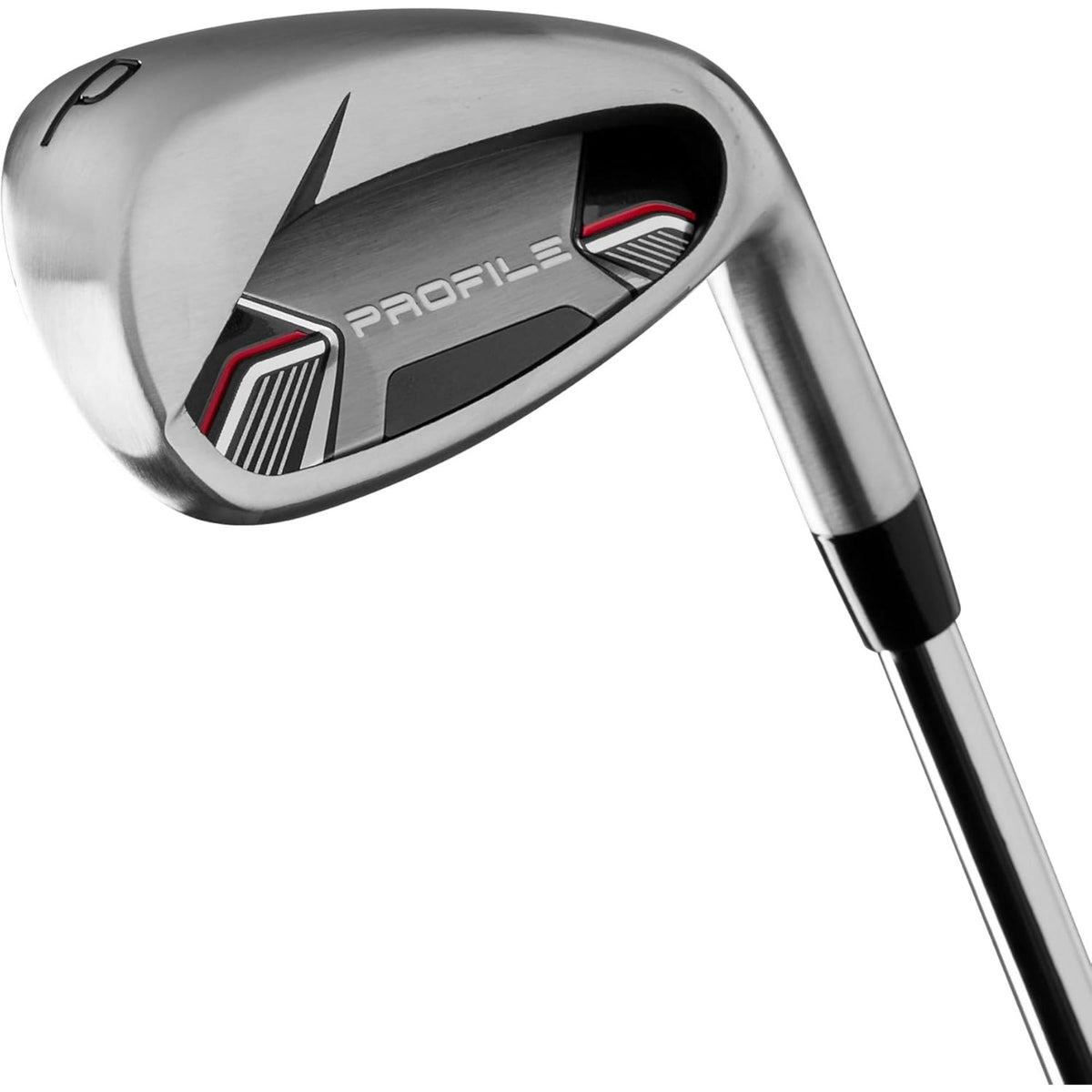 Wilson Golf Men’s Profile complete golf club set with driver, woods, irons, and putter in a black and gray stand bag with red accents and built-in legs, displayed on a white background.