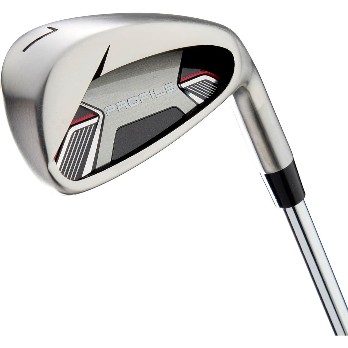 Wilson Golf Senior Profile complete golf club set with driver, fairway woods, irons, and putter in a black and gray cart bag with red accents, displayed on a white background.