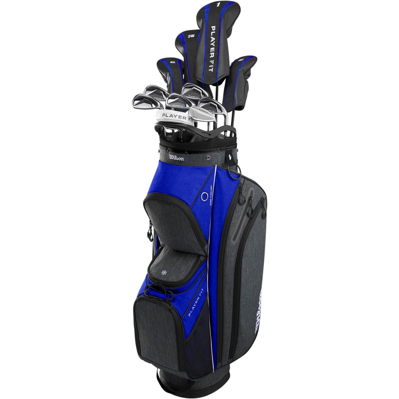 Wilson Golf Men’s PlayerFit graphite complete golf set featuring a blue and black cart bag with multiple clubs designed for lightweight performance and easy course transport.