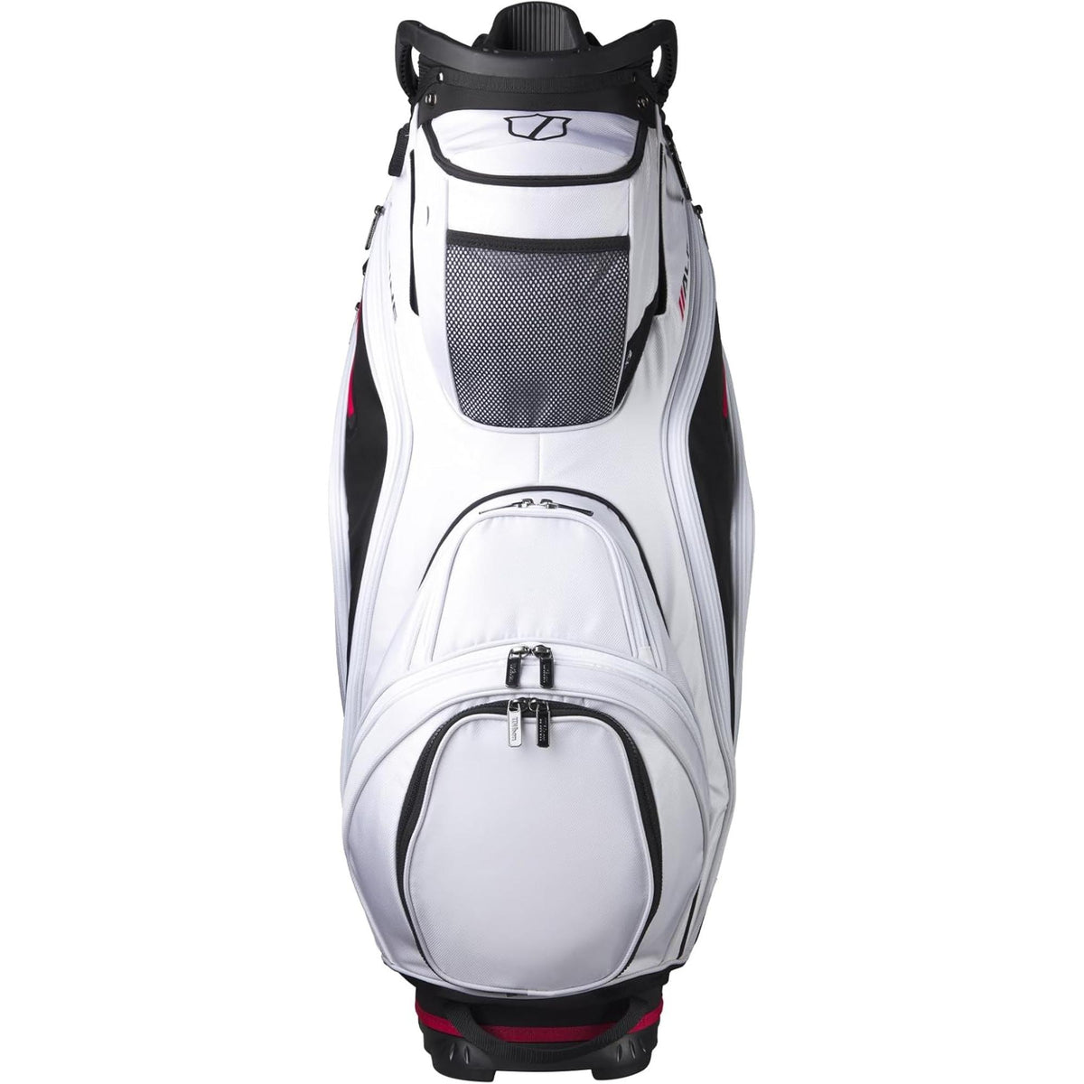 Wilson Golf Alpine cart bag with multiple zippered storage pockets, top club dividers, and integrated carry handles, displayed on a white background.