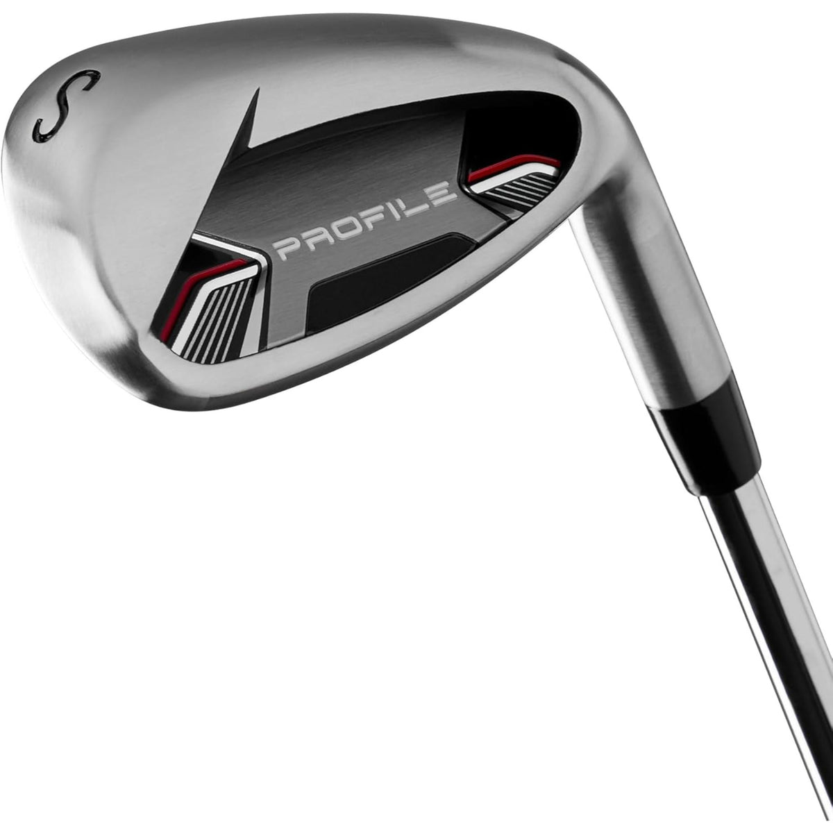 Wilson Golf Men’s Profile complete golf club set with driver, woods, irons, and putter in a black and gray stand bag with red accents and built-in legs, displayed on a white background.