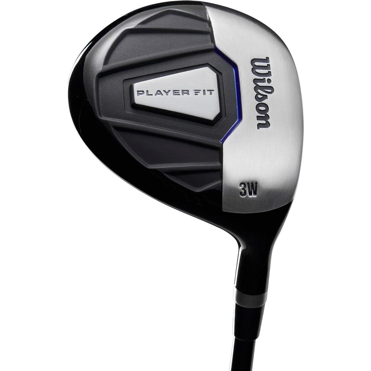 Wilson Golf Men’s PlayerFit graphite complete golf set featuring a blue and black cart bag with multiple clubs designed for lightweight performance and easy course transport.