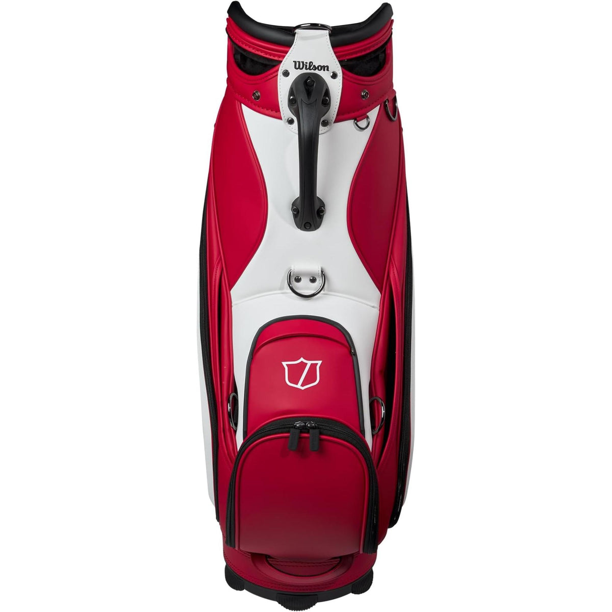 Wilson Golf Staff Tour cart bag in red and white with large Wilson logo, premium structured design, and multiple zippered storage pockets, displayed on a white background.
