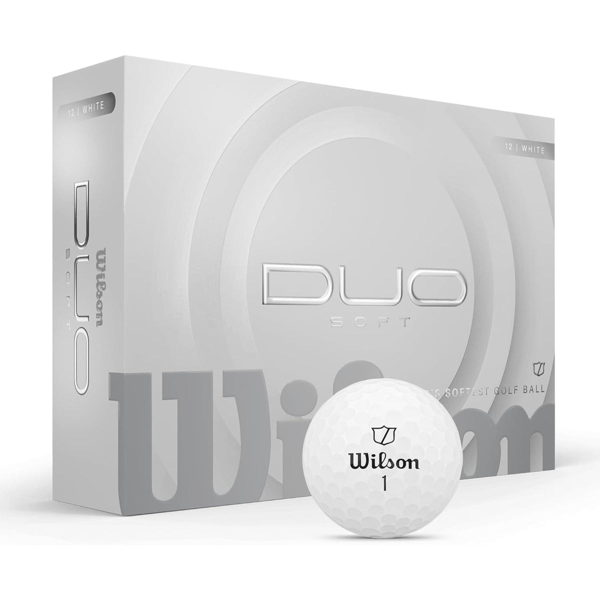 Wilson Golf DUO Soft golf balls 12-pack, shown with a white box and a golf ball featuring a green alignment stripe.