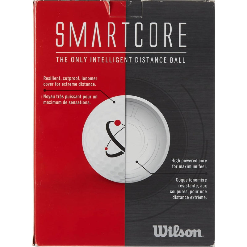 Wilson Golf Smart Core golf balls 24-pack box in red and black packaging with “Smart Core” branding and straight distance performance messaging.