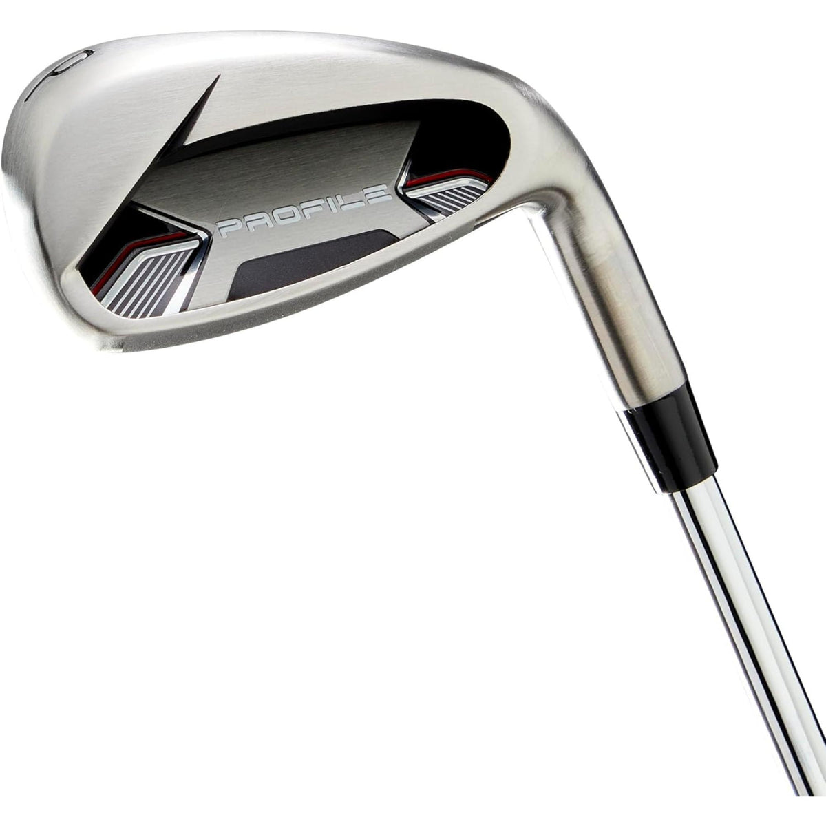 Wilson Golf Senior Profile complete golf club set with driver, fairway woods, irons, and putter in a black and gray cart bag with red accents, displayed on a white background.