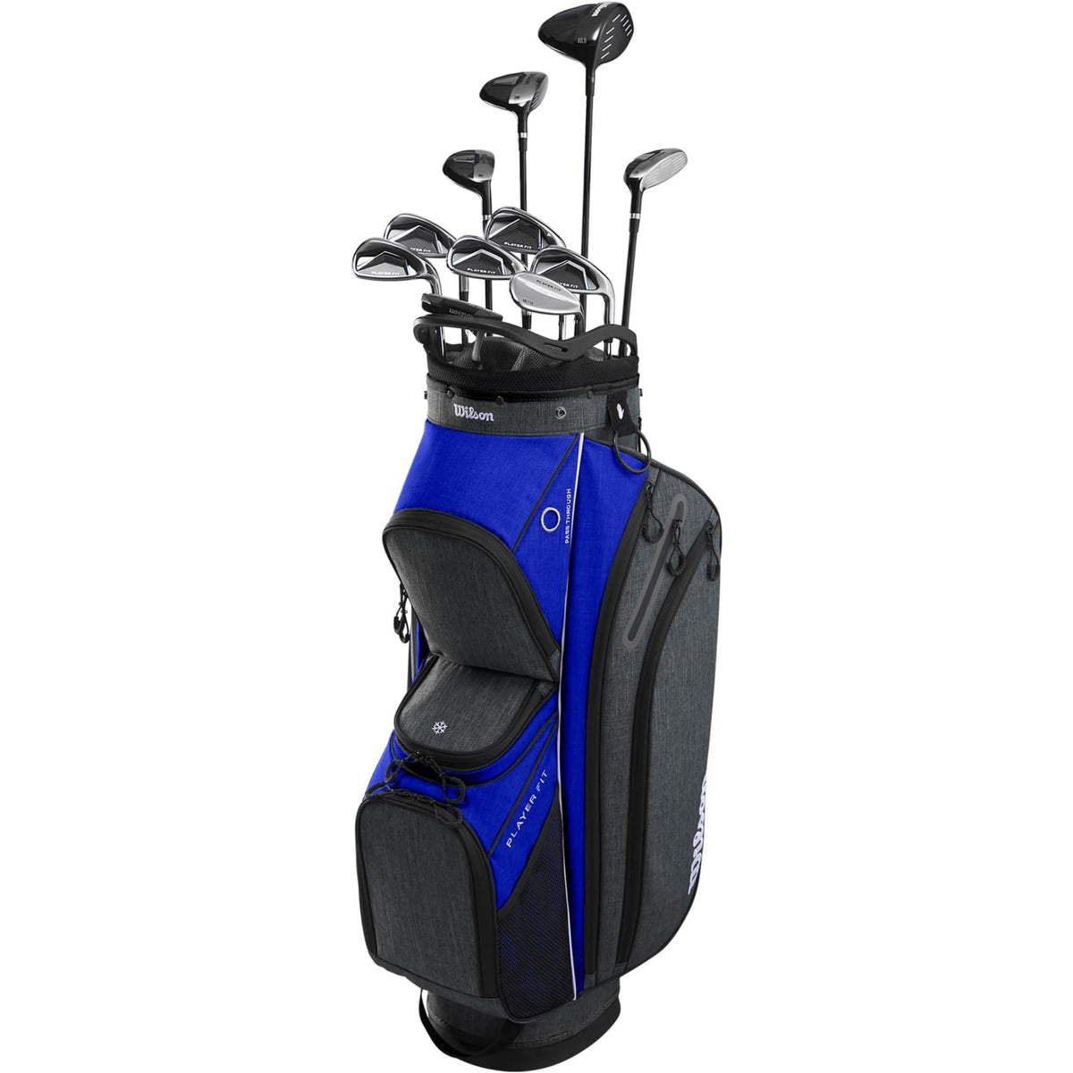 Wilson Golf Men’s PlayerFit steel complete golf club set with driver, woods, irons, and putter in a blue and black cart bag, shown standing on a white background.