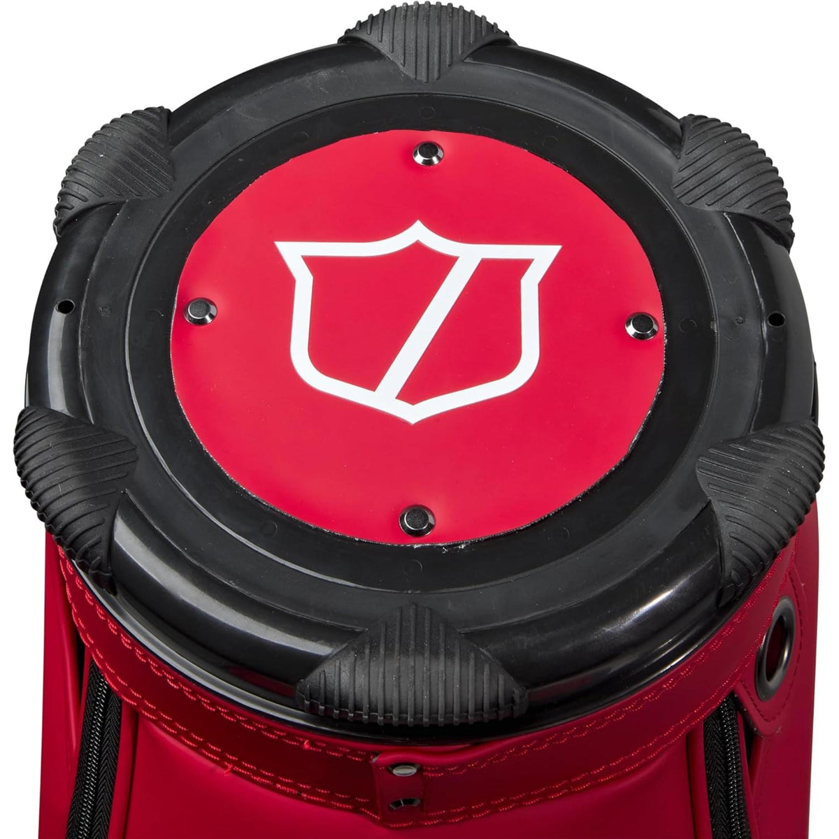Wilson Golf Staff Tour cart bag in red and white with large Wilson logo, premium structured design, and multiple zippered storage pockets, displayed on a white background.