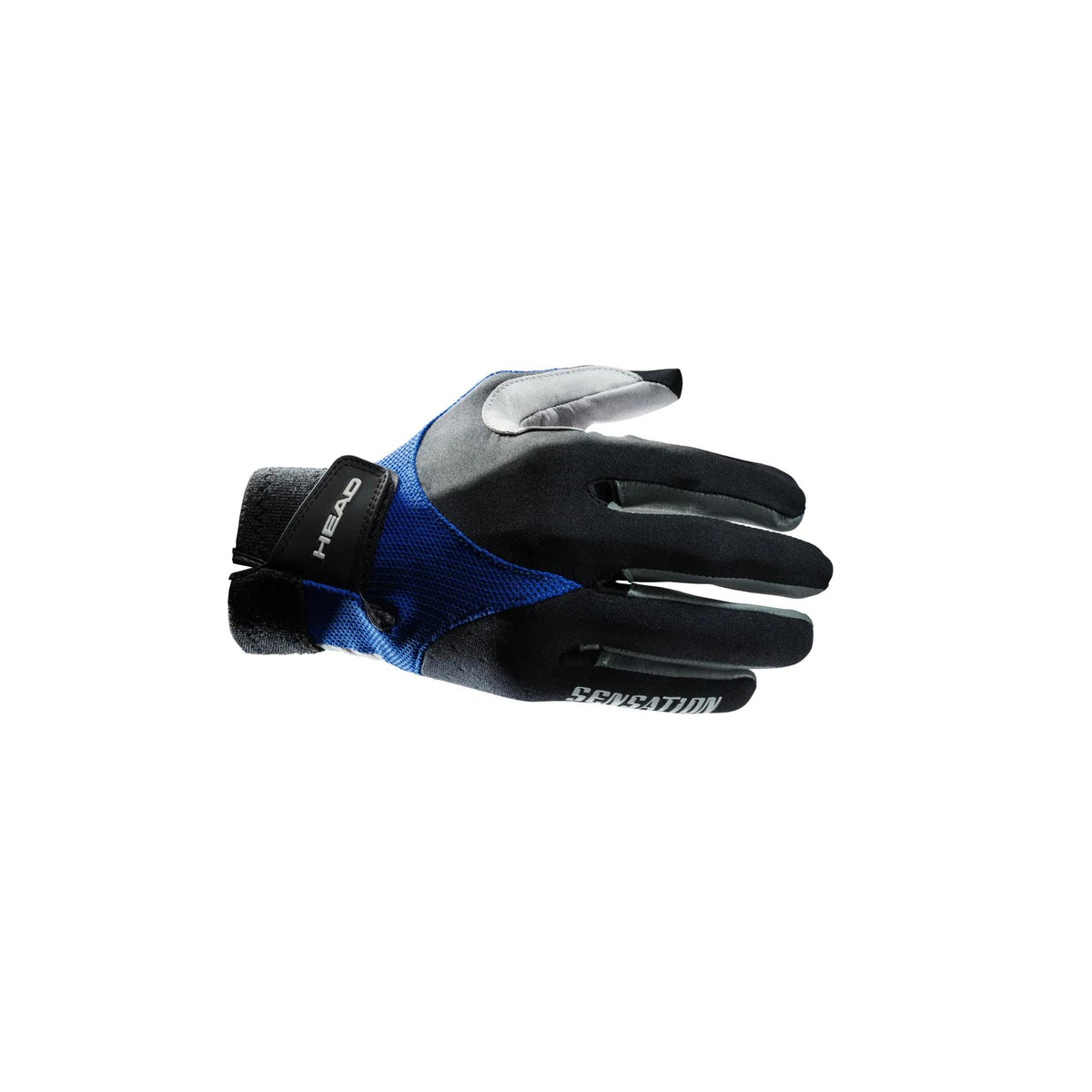HEAD Sensation black and blue performance glove displayed flat with textured mesh top and reinforced fingers on a white background.