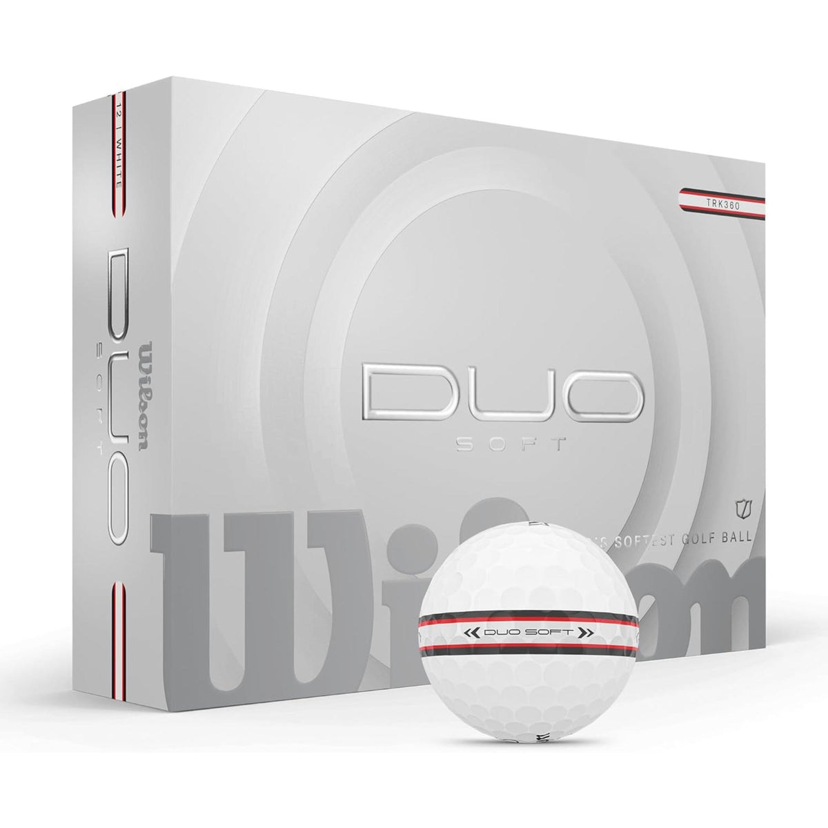 Wilson Golf DUO Soft golf balls 12-pack, shown with a white box and a golf ball featuring a green alignment stripe.