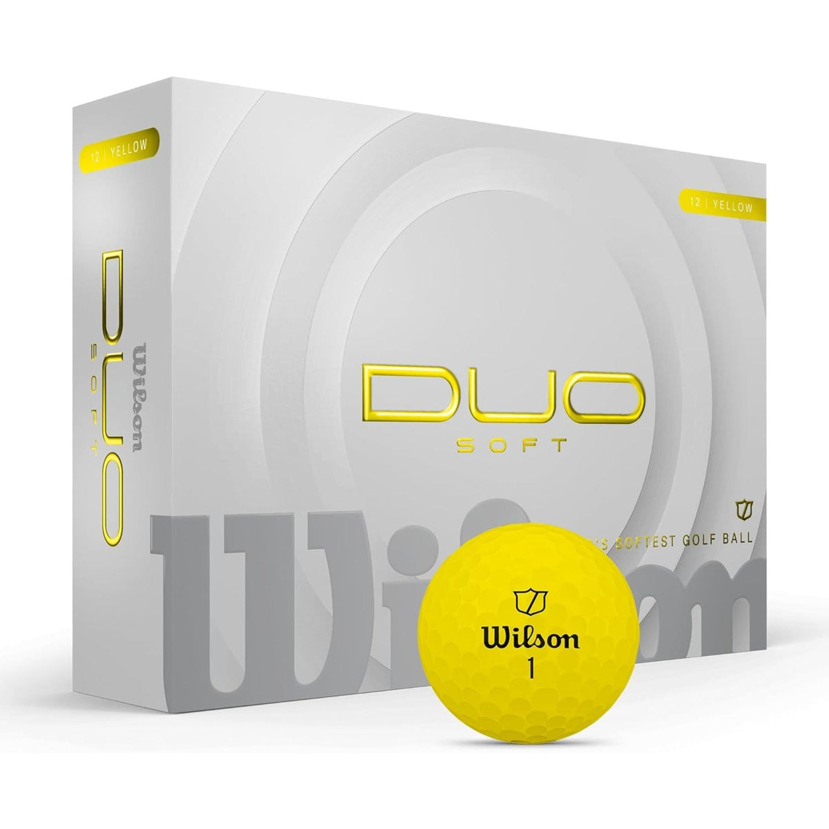 Wilson Golf DUO Soft golf balls 12-pack, shown with a white box and a golf ball featuring a green alignment stripe.