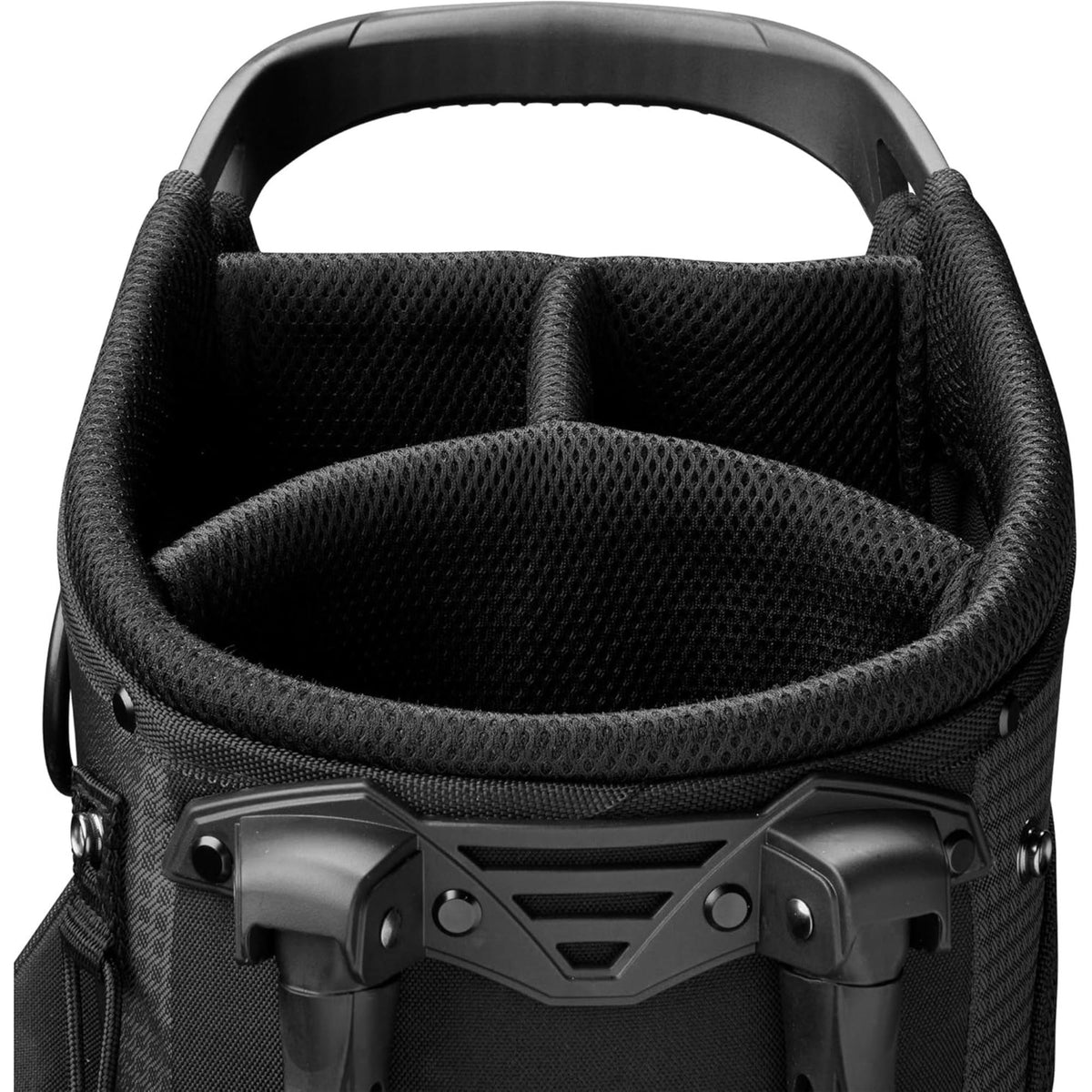 Wilson Golf Men’s Profile complete golf club set with driver, woods, irons, and putter in a black and gray stand bag with red accents and built-in legs, displayed on a white background.