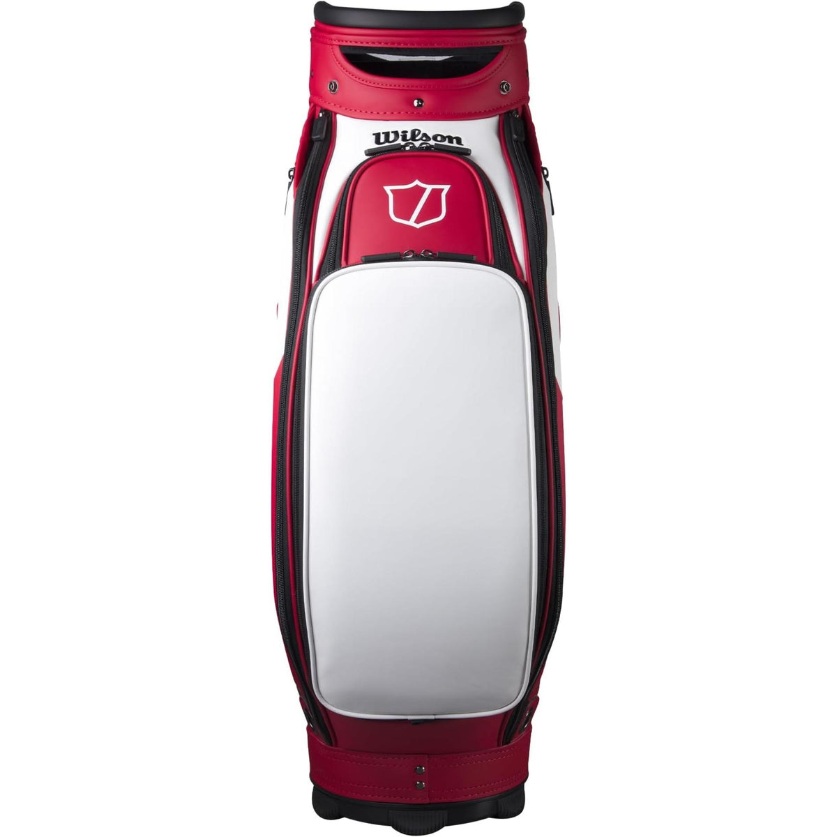 Wilson Golf Staff Tour cart bag in red and white with large Wilson logo, premium structured design, and multiple zippered storage pockets, displayed on a white background.