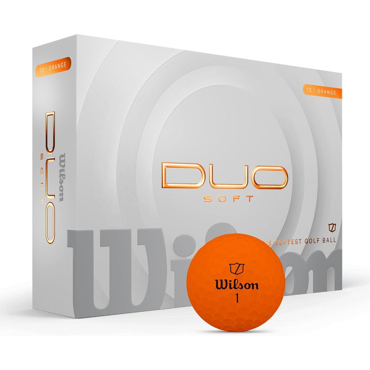 Wilson Golf DUO Soft golf balls 12-pack, shown with a white box and a golf ball featuring a green alignment stripe.