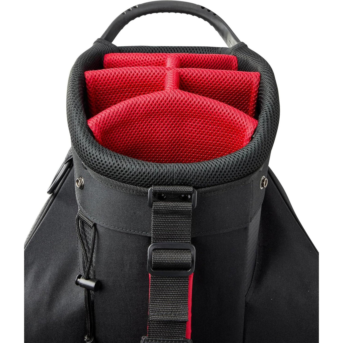 Wilson Golf Senior Profile complete golf club set with driver, fairway woods, irons, and putter in a black and gray cart bag with red accents, displayed on a white background.