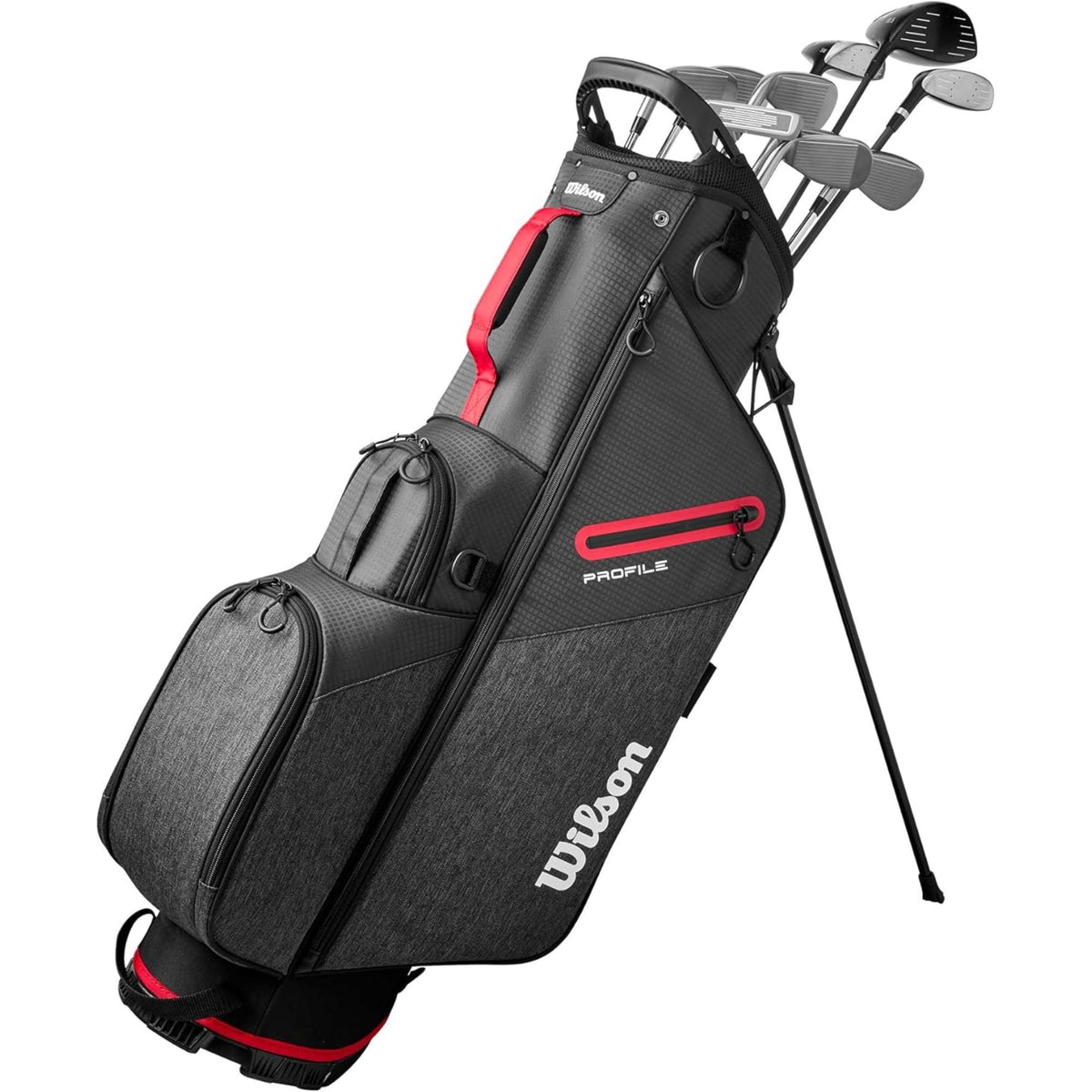 Wilson Golf Men’s Profile complete golf club set with driver, woods, irons, and putter in a black and gray stand bag with red accents and built-in legs, displayed on a white background.
