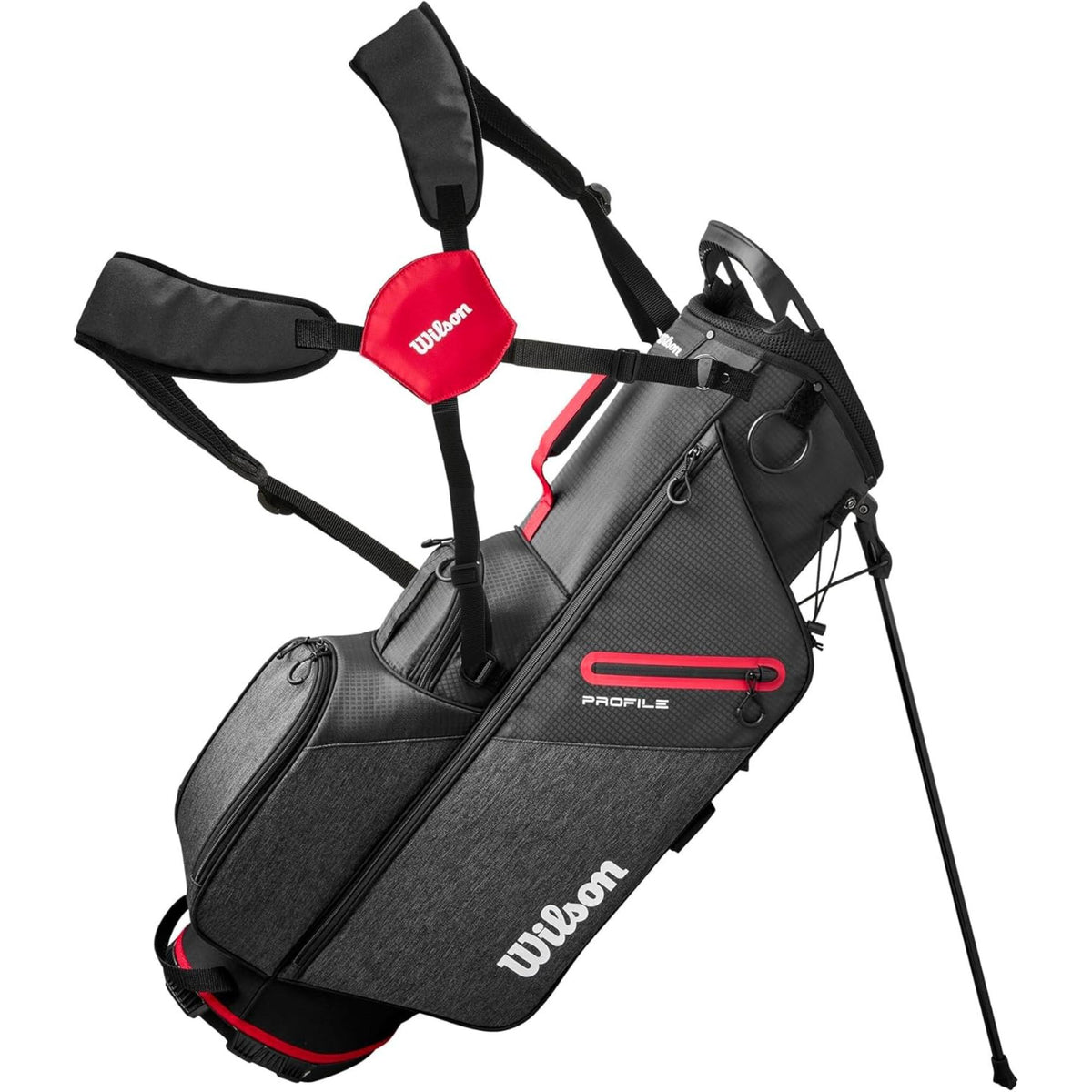 Wilson Golf Teen Profile complete golf club set with stand bag in black and gray with red accents, featuring multiple clubs and built-in stand legs, shown on a white background.