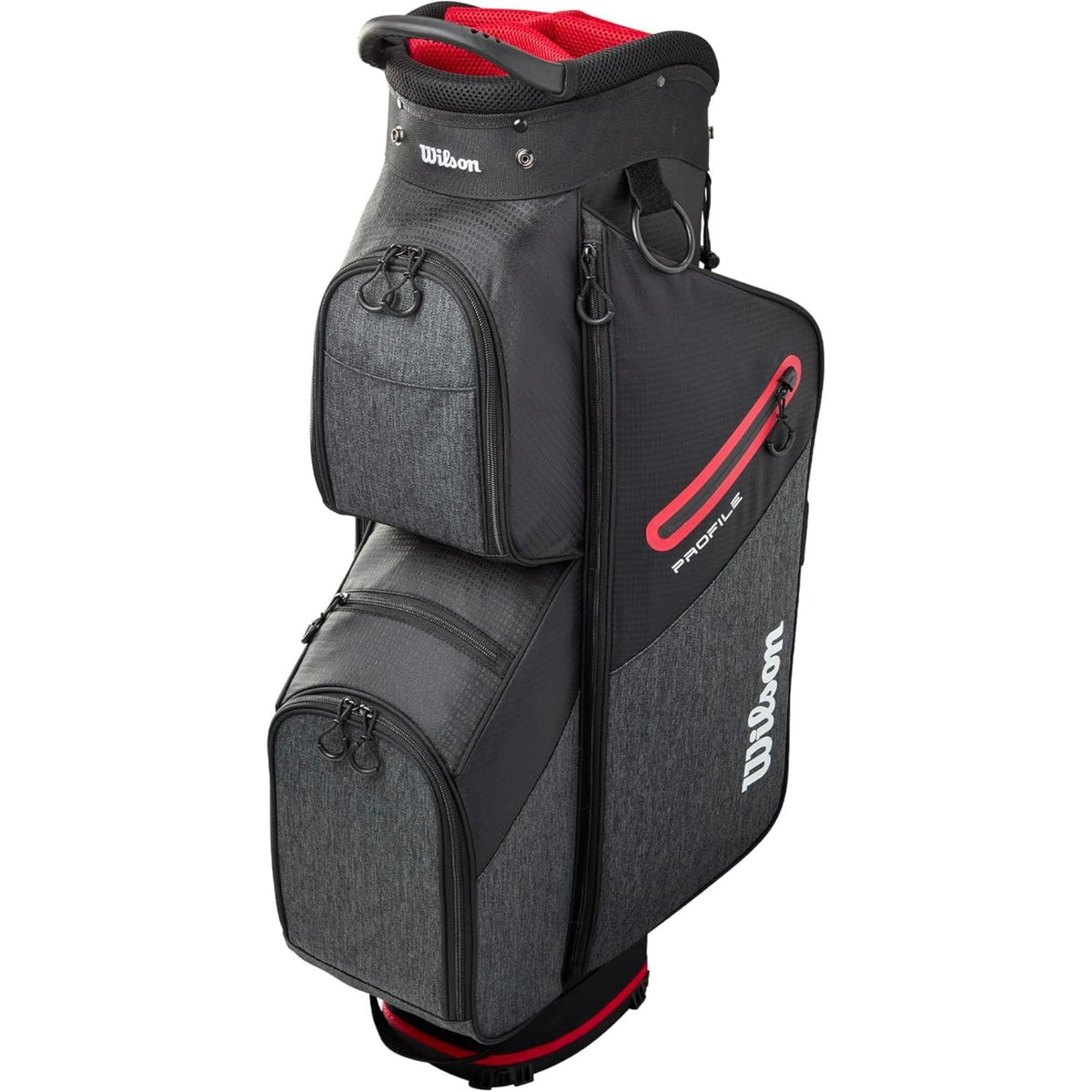 Wilson Golf Senior Profile complete golf club set with driver, fairway woods, irons, and putter in a black and gray cart bag with red accents, displayed on a white background.