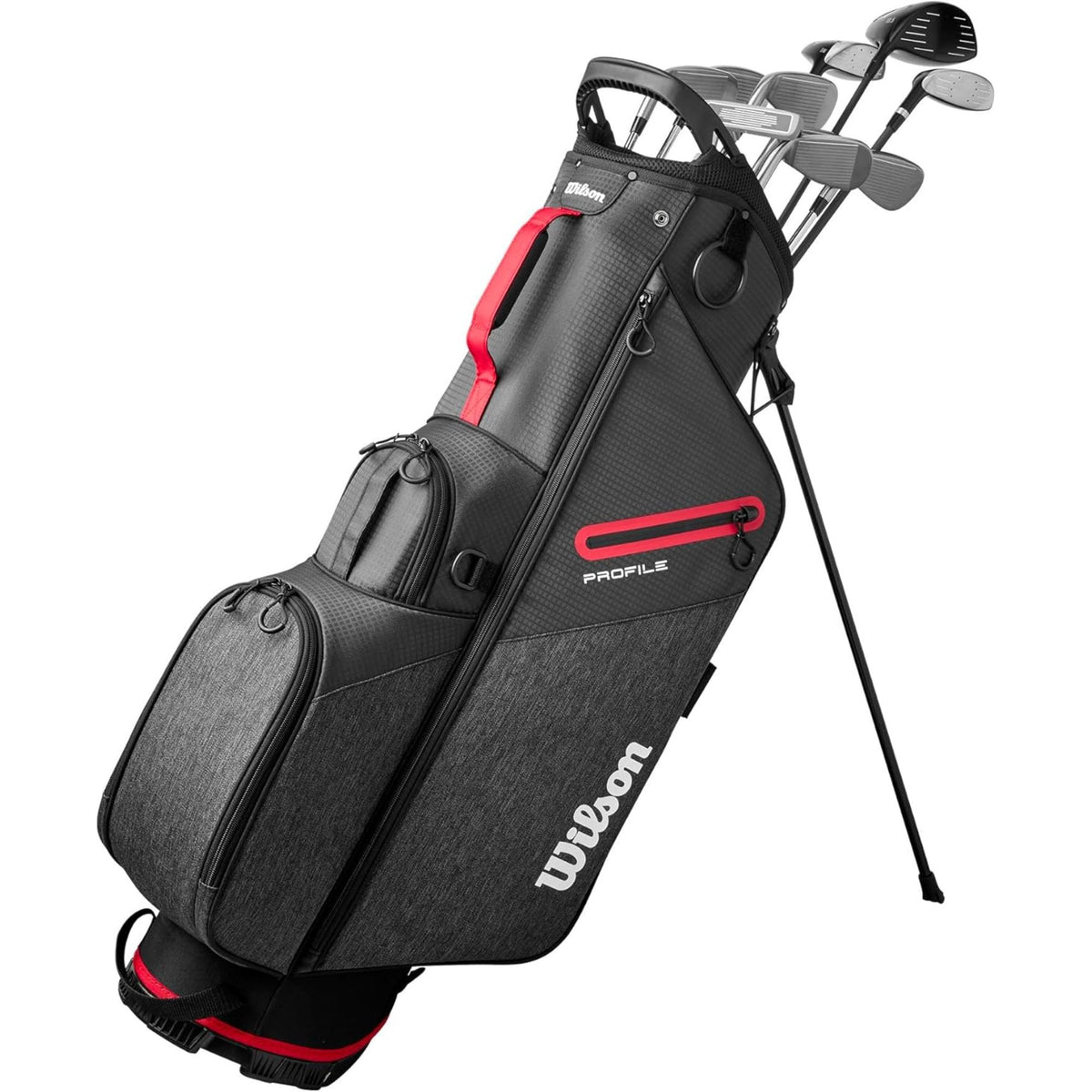 Wilson Golf Teen Profile complete golf club set with stand bag in black and gray with red accents, featuring multiple clubs and built-in stand legs, shown on a white background.