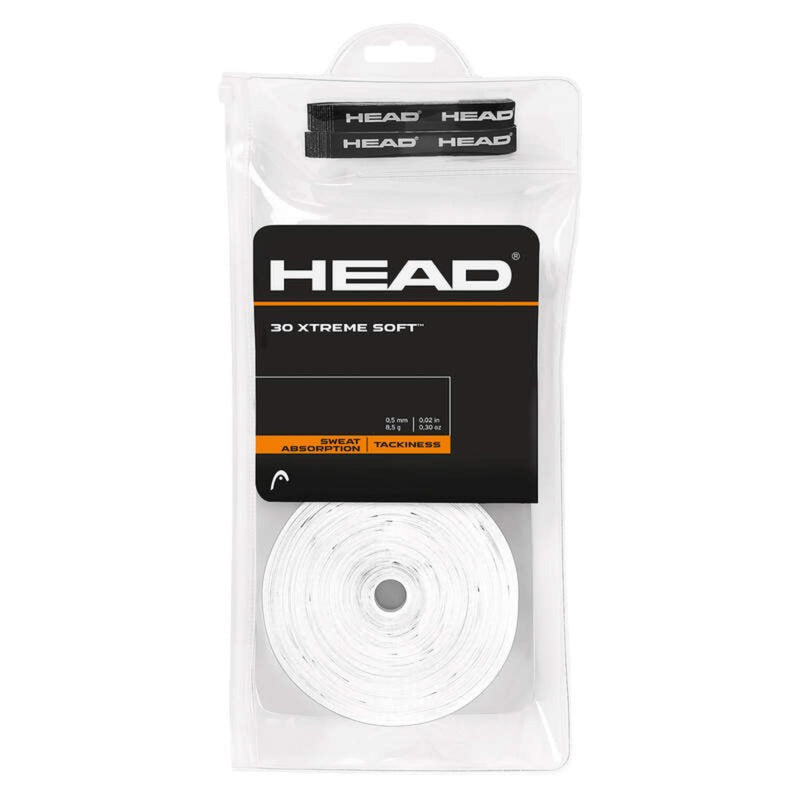 HEAD 30 Xtreme Soft tennis overgrip roll in white packaging, showing a single white grip roll inside a clear resealable pouch with sweat absorption and tackiness features highlighted.