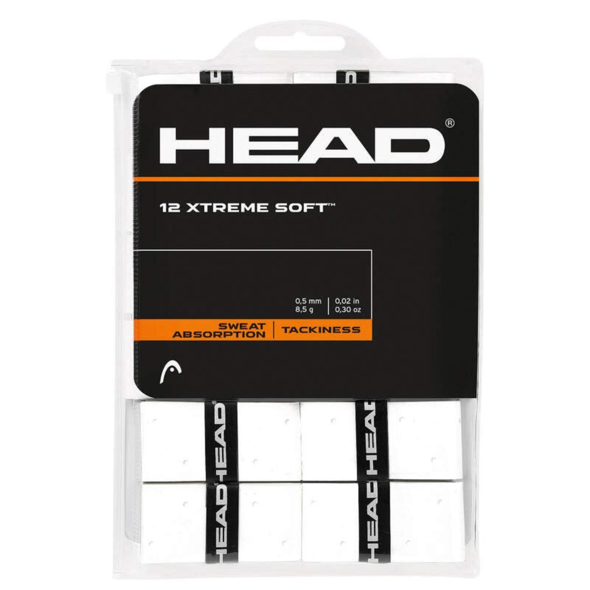 HEAD 12 Xtreme Soft overgrip pack in white, shown in clear plastic packaging with sweat absorption and tackiness details.