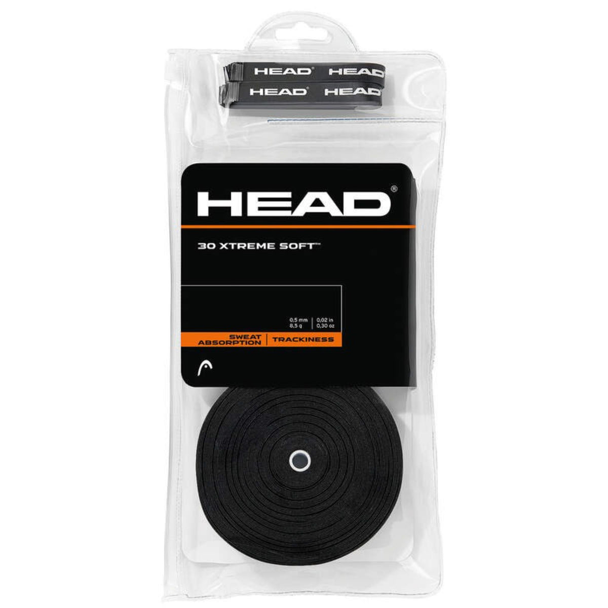 HEAD 30 Xtreme Soft tennis overgrip roll in black packaging, showing a single black grip roll inside a clear resealable pouch with sweat absorption and tackiness features highlighted.
