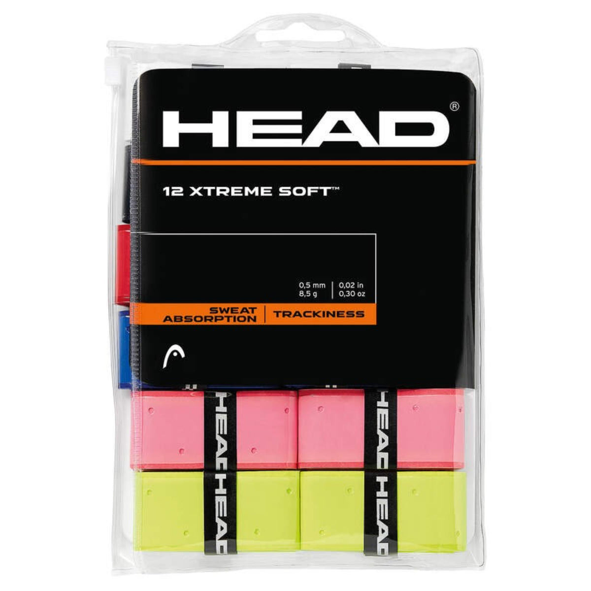 HEAD 12 Xtreme Soft multicolor overgrip pack featuring pink, yellow, and blue grips in clear retail packaging.