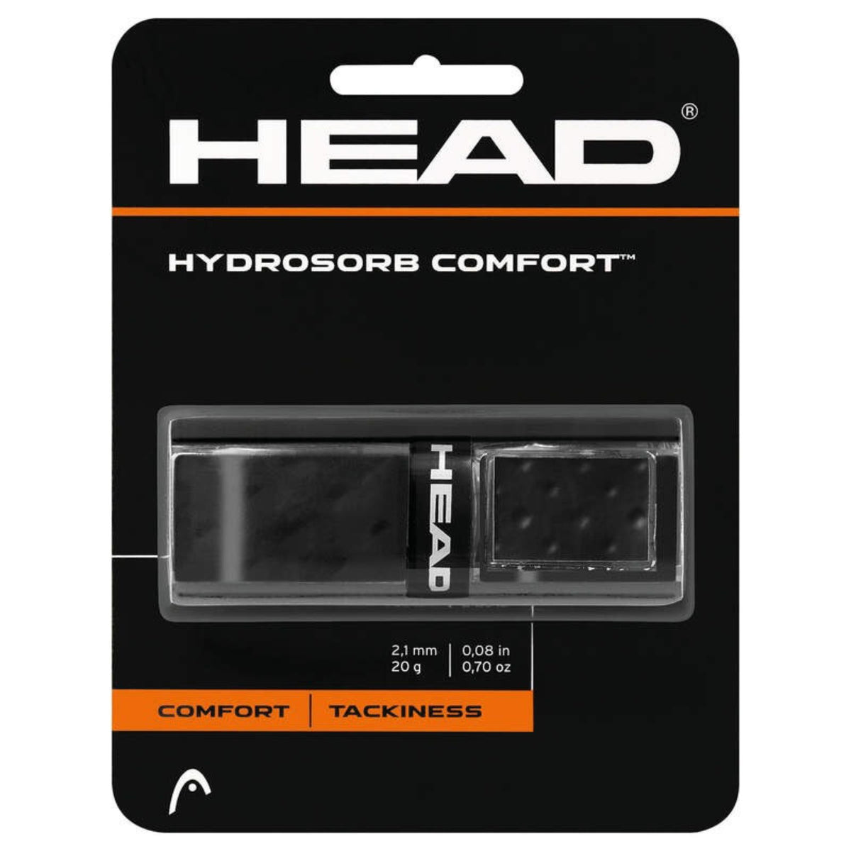 HEAD Hydrosorb Comfort tennis grip in black, displayed in retail packaging highlighting comfort and tackiness.