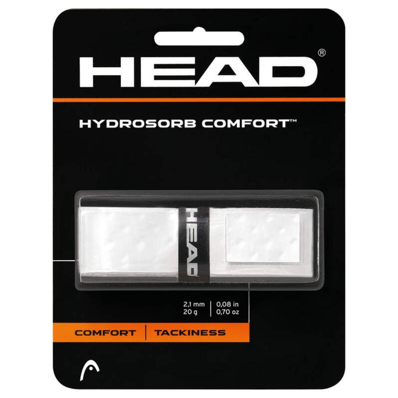 HEAD Hydrosorb Comfort tennis grip in white, shown in original packaging emphasizing comfort and tackiness.