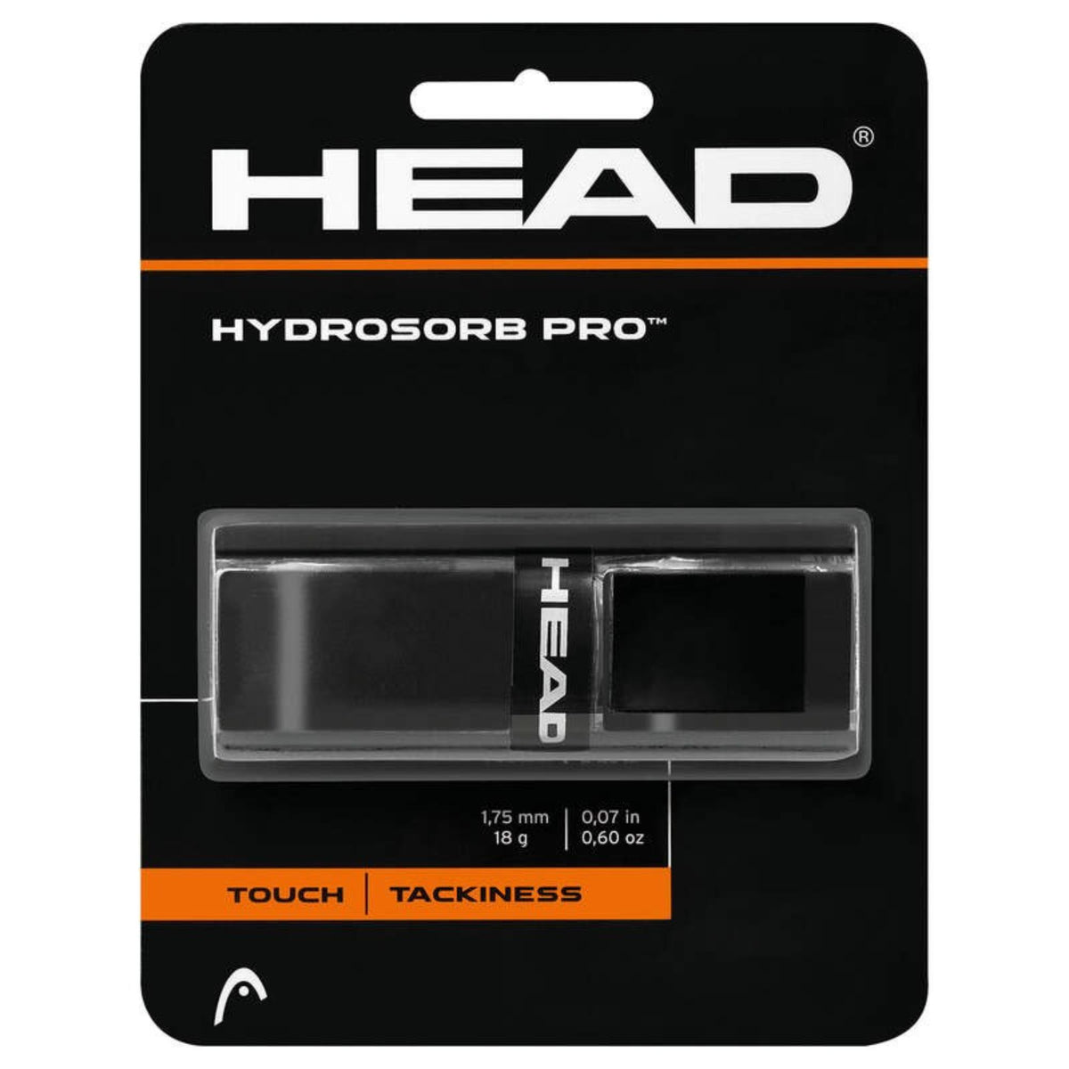 HEAD Hydrosorb Pro tennis grip packaging in black, premium grip with tacky feel and comfort.