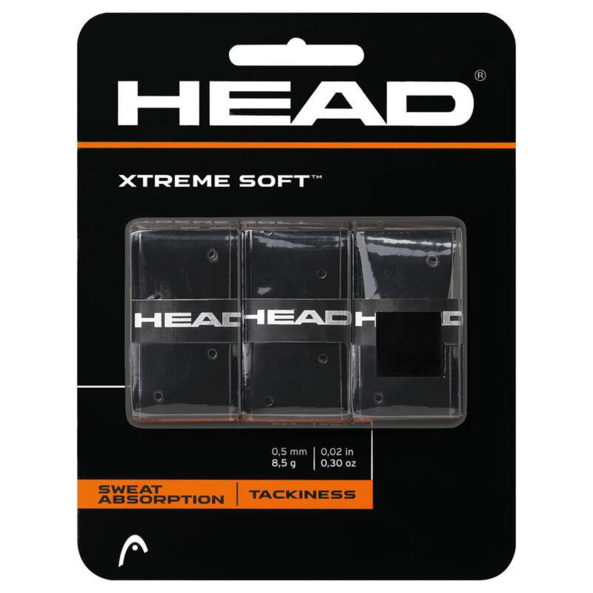 HEAD ContourCushion Pro tennis grip in black, displayed in retail packaging highlighting tackiness and sweat absorption.