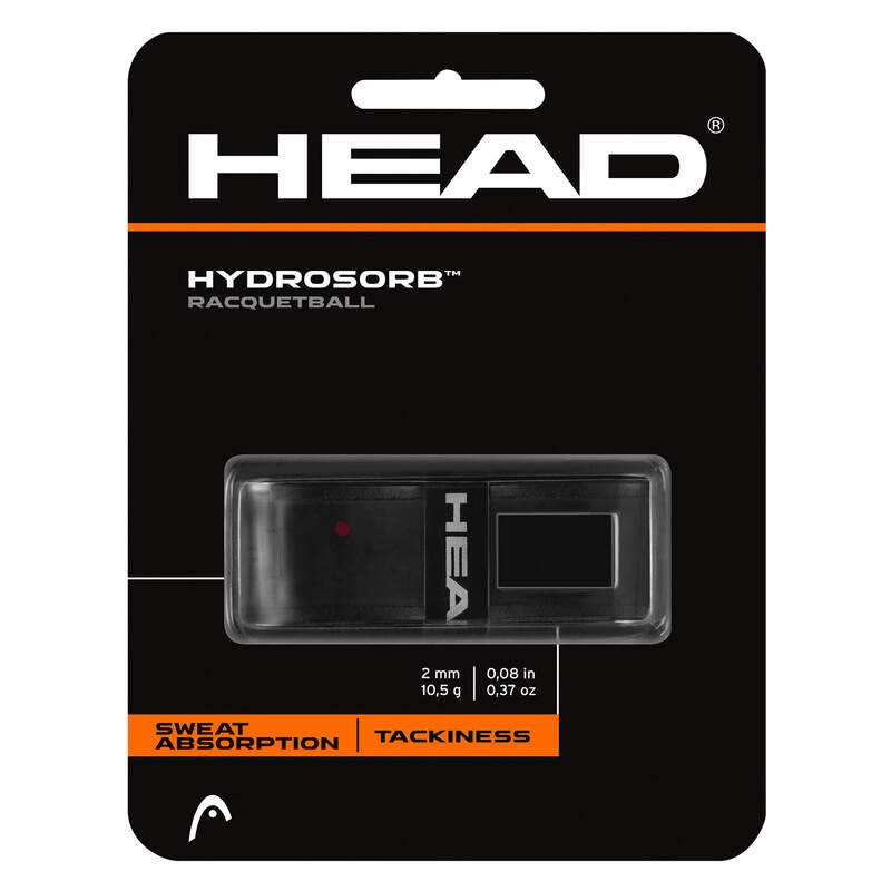 HEAD Hydrosorb Racquetball replacement grip in black retail packaging featuring sweat absorption and tackiness.