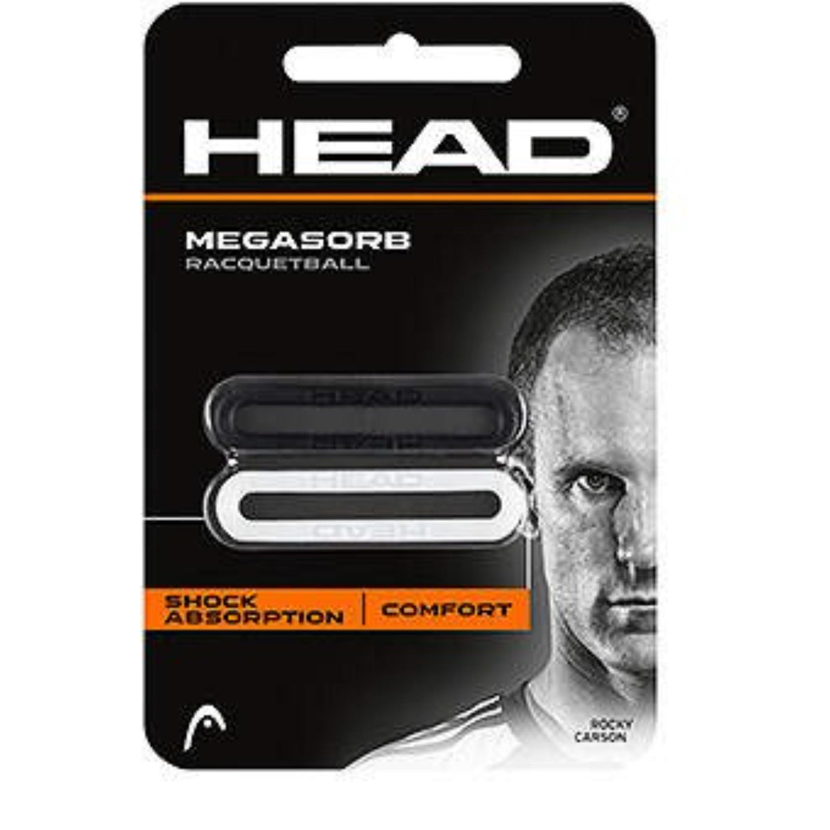 HEAD Megasorb racquetball dampener in retail packaging, showing two black-and-white dampeners designed for shock absorption and comfort.