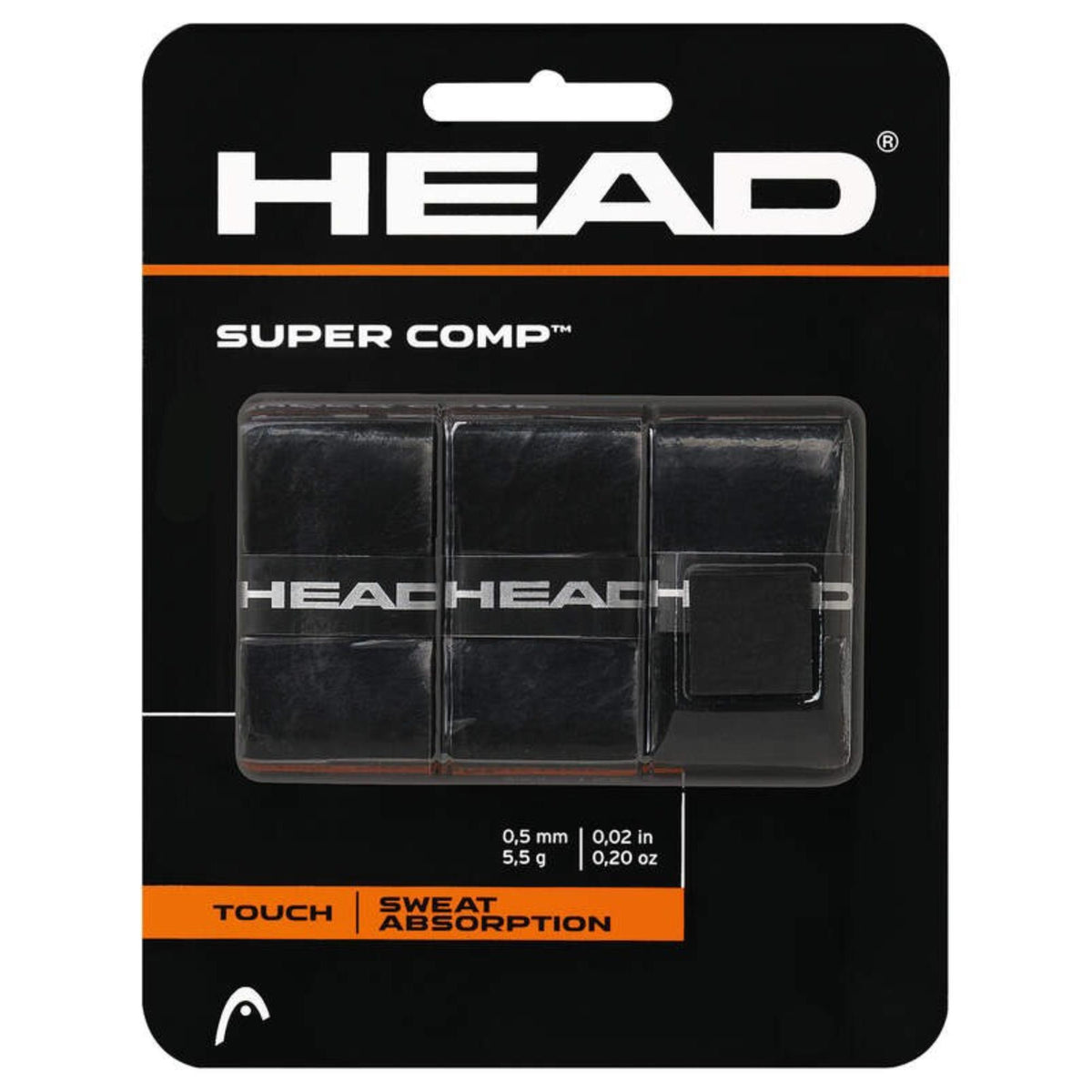 HEAD Super Comp overgrip pack in black, three tennis overgrips displayed in retail packaging