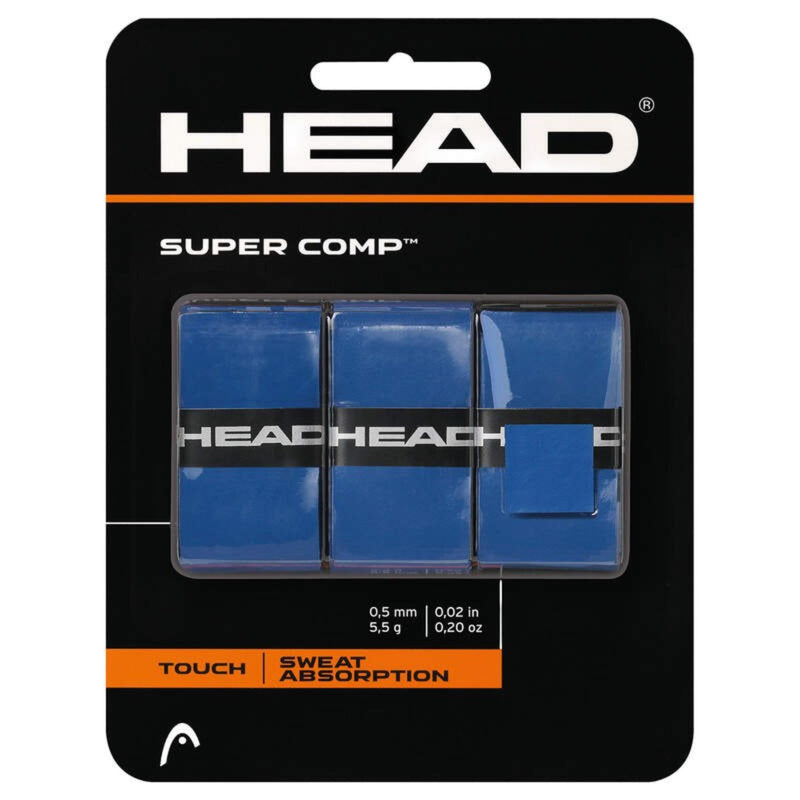 HEAD Super Comp overgrip pack in black, three tennis overgrips displayed in retail packaging