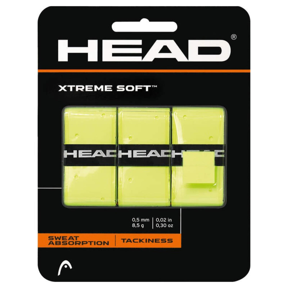 HEAD ContourCushion Pro tennis grip in yellow, displayed in retail packaging highlighting tackiness and sweat absorption.