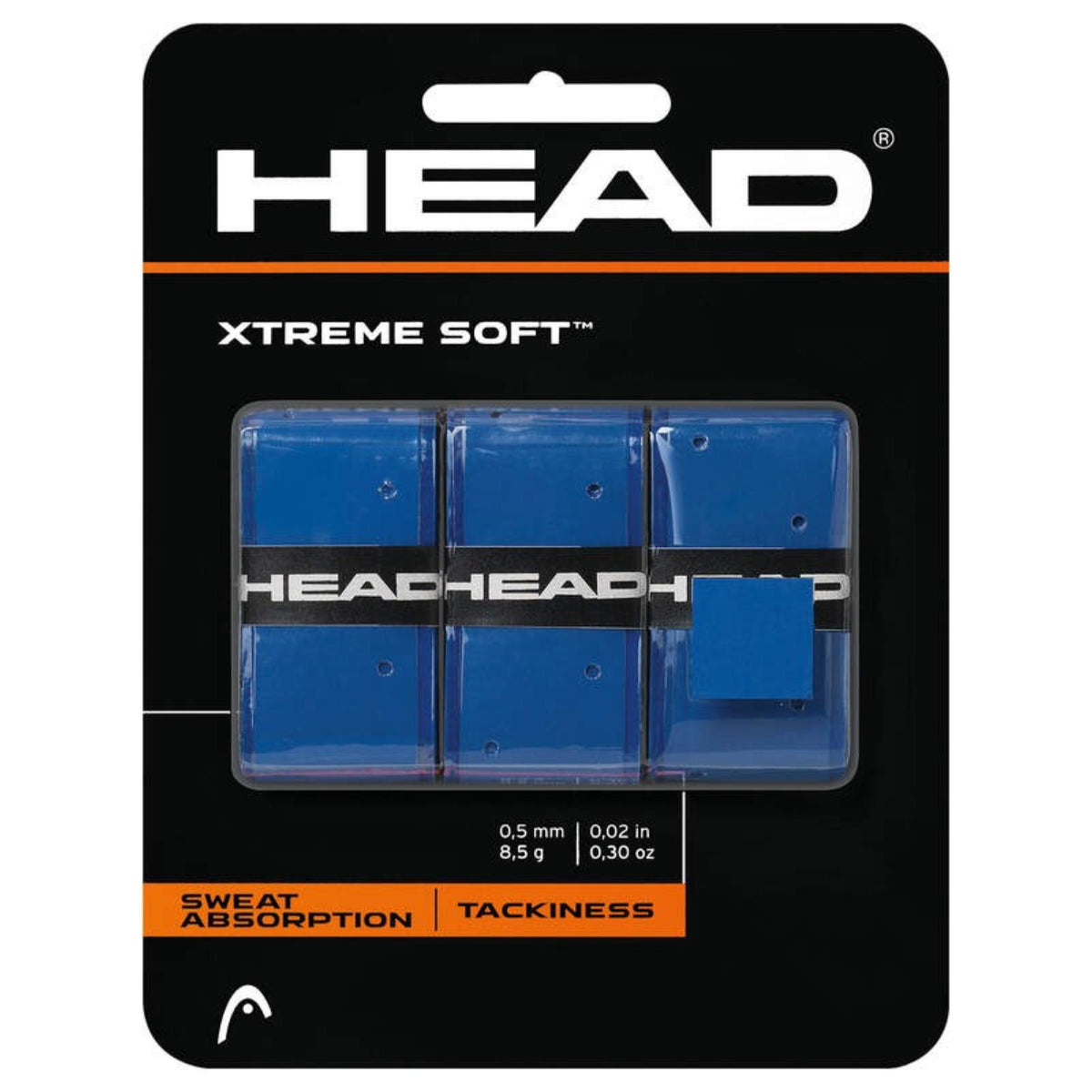 HEAD ContourCushion Pro tennis grip in blue, displayed in retail packaging highlighting tackiness and sweat absorption.
