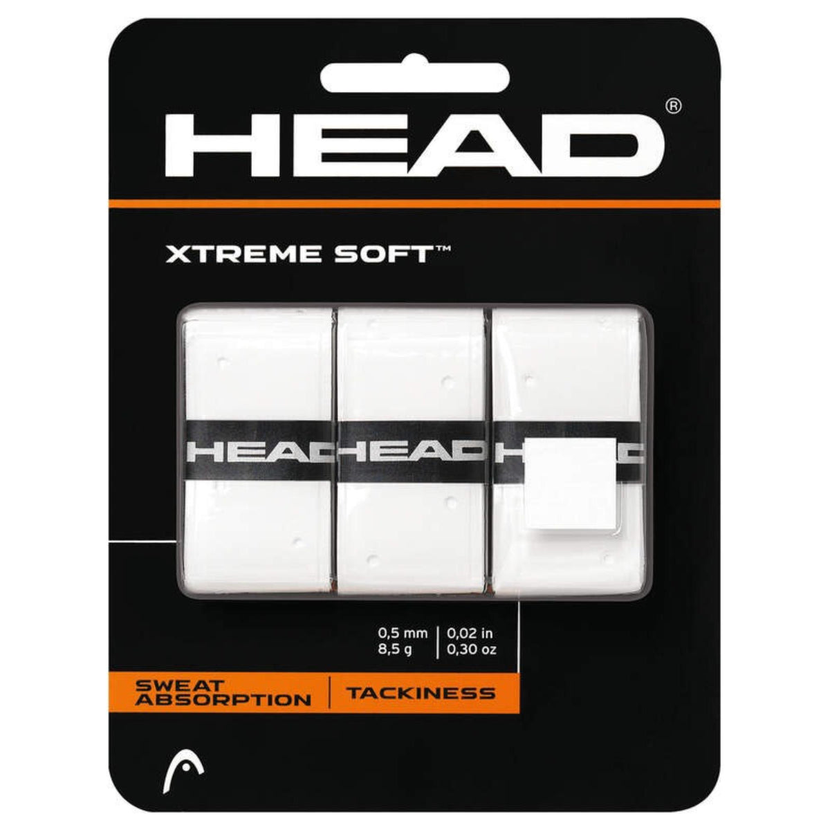 HEAD ContourCushion Pro tennis grip in white, displayed in retail packaging highlighting tackiness and sweat absorption.
