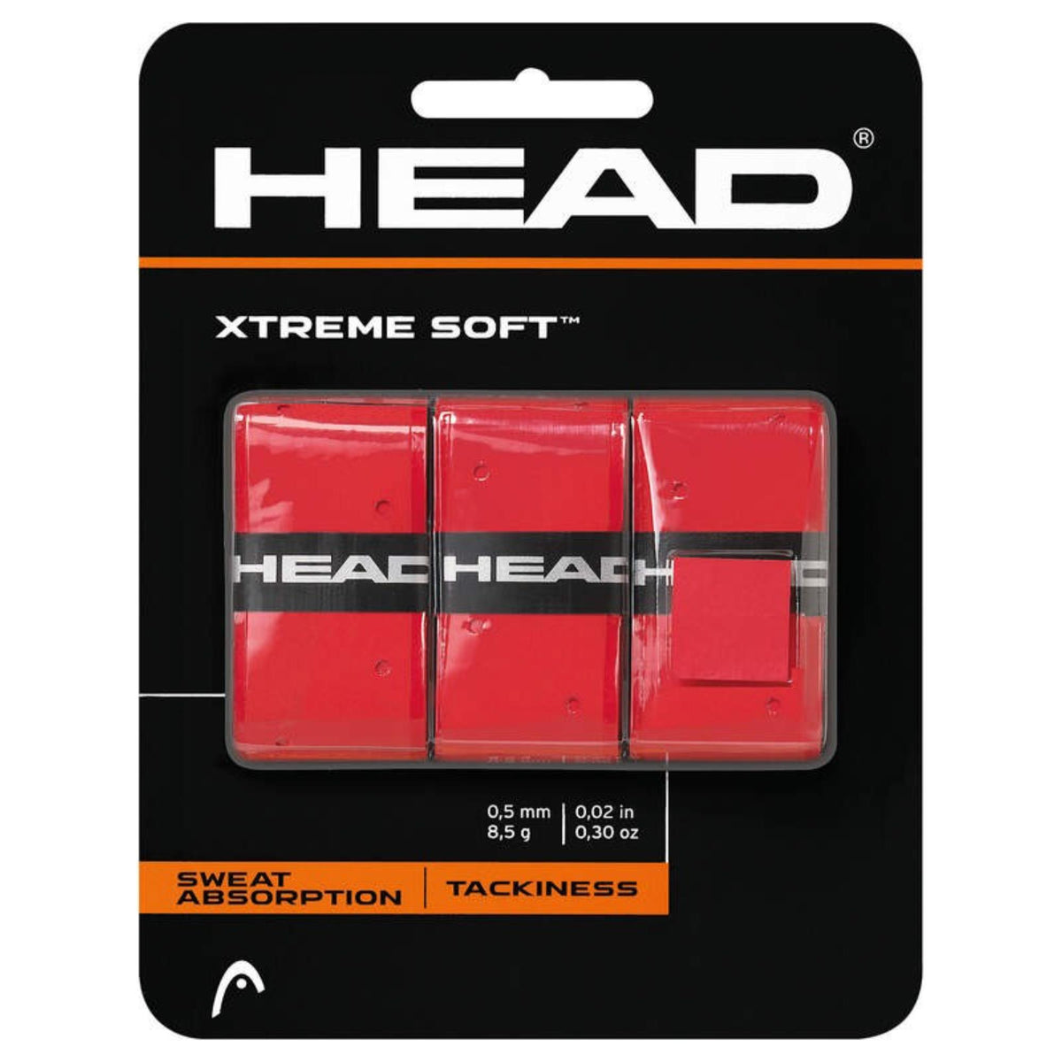 HEAD ContourCushion Pro tennis grip in red, displayed in retail packaging highlighting tackiness and sweat absorption.