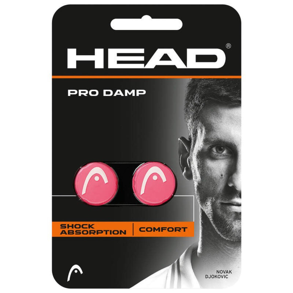 HEAD Pro Damp vibration dampener in pink retail packaging featuring Novak Djokovic