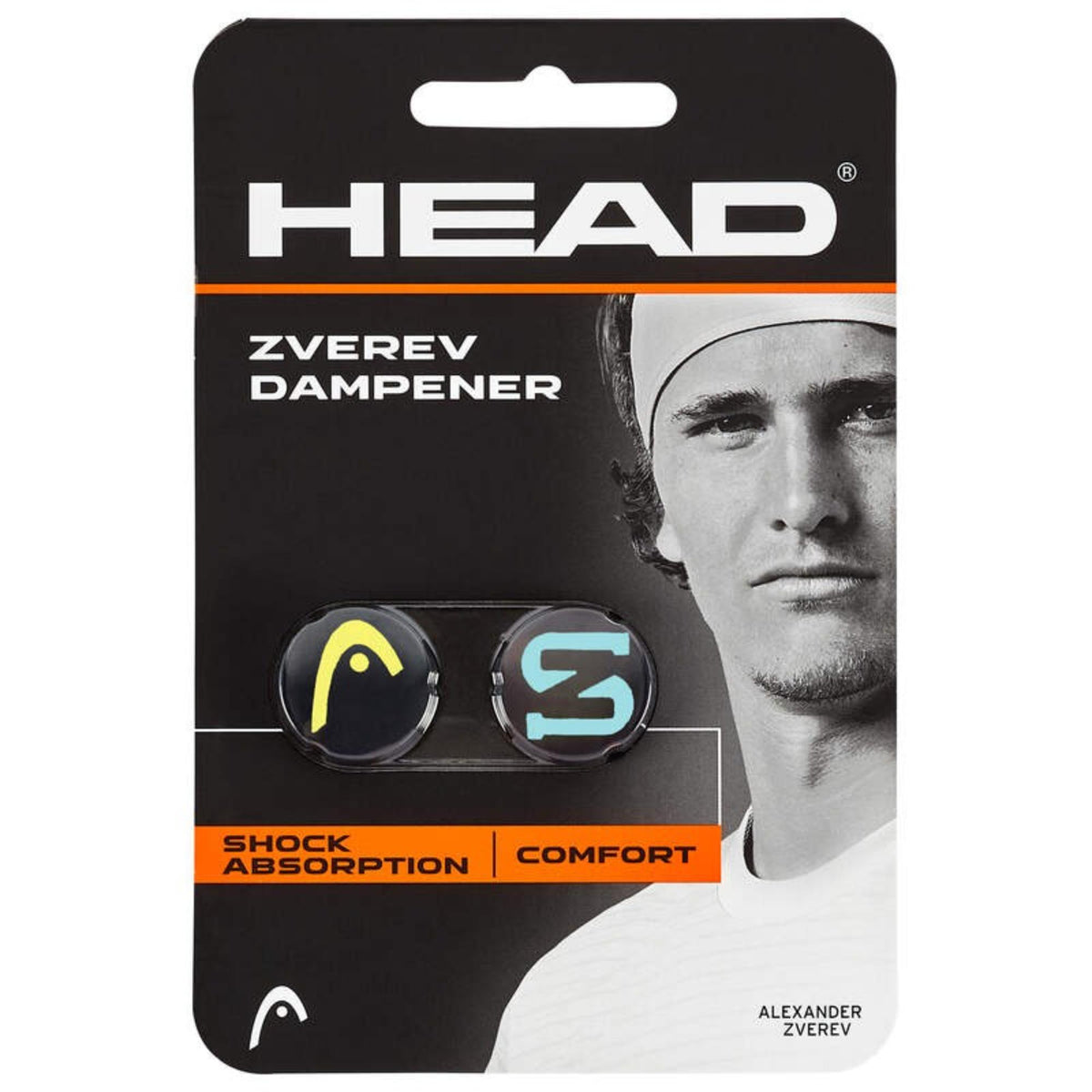 HEAD Zverev tennis dampener set in retail packaging, featuring two logo dampeners and an athlete portrait, highlighting shock absorption and comfort.