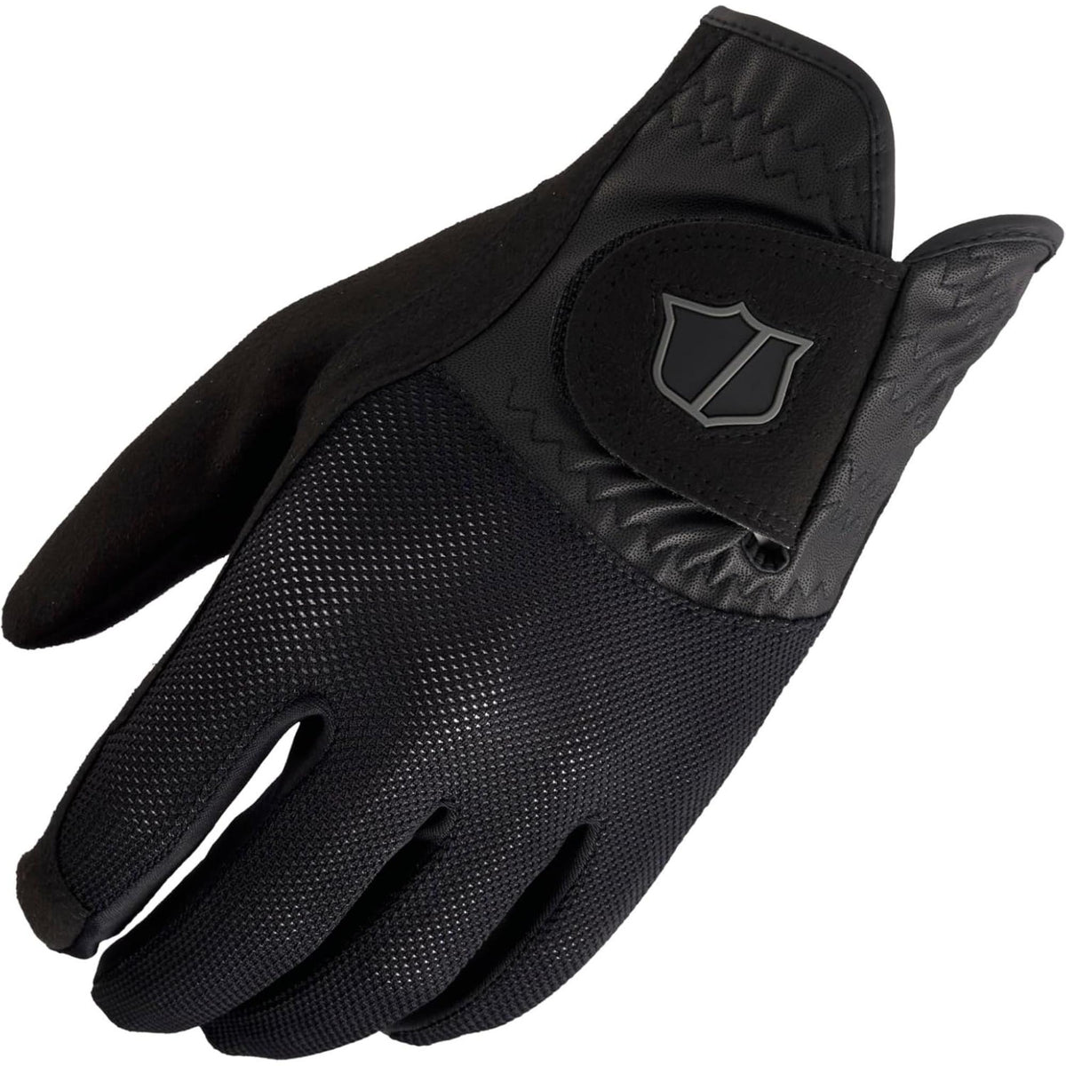 Wilson Golf rain golf gloves in black with textured grip material, breathable mesh backing, and adjustable wrist closure, shown front and back on a white background.