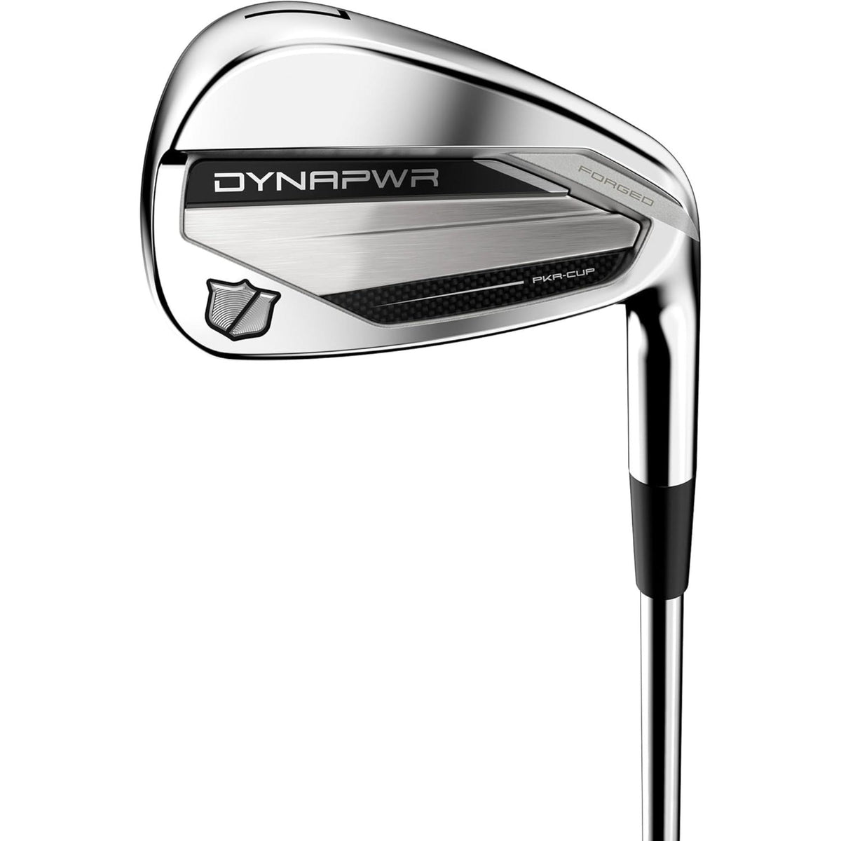 Wilson Golf DYNAPWR Forged steel iron featuring a forged cavity back design with PKR-Cup face technology and a polished chrome finish for precision and feel.