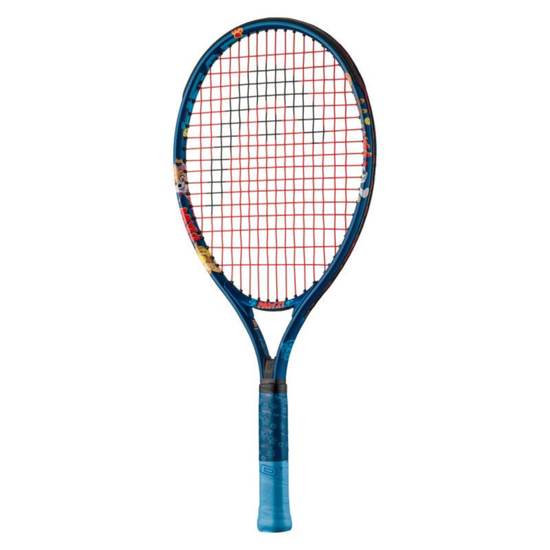 HEAD Paw 21 junior tennis racquet with blue frame, red strings, cartoon character graphics on the hoop, and blue grip, shown on a white background.