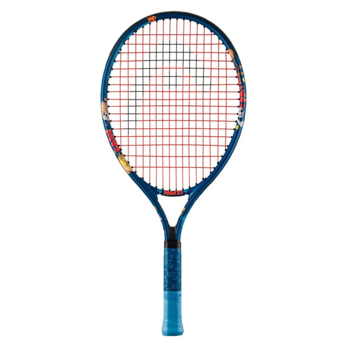 HEAD Paw 21 junior tennis racquet with blue frame, red strings, cartoon character graphics on the hoop, and blue grip, shown on a white background.