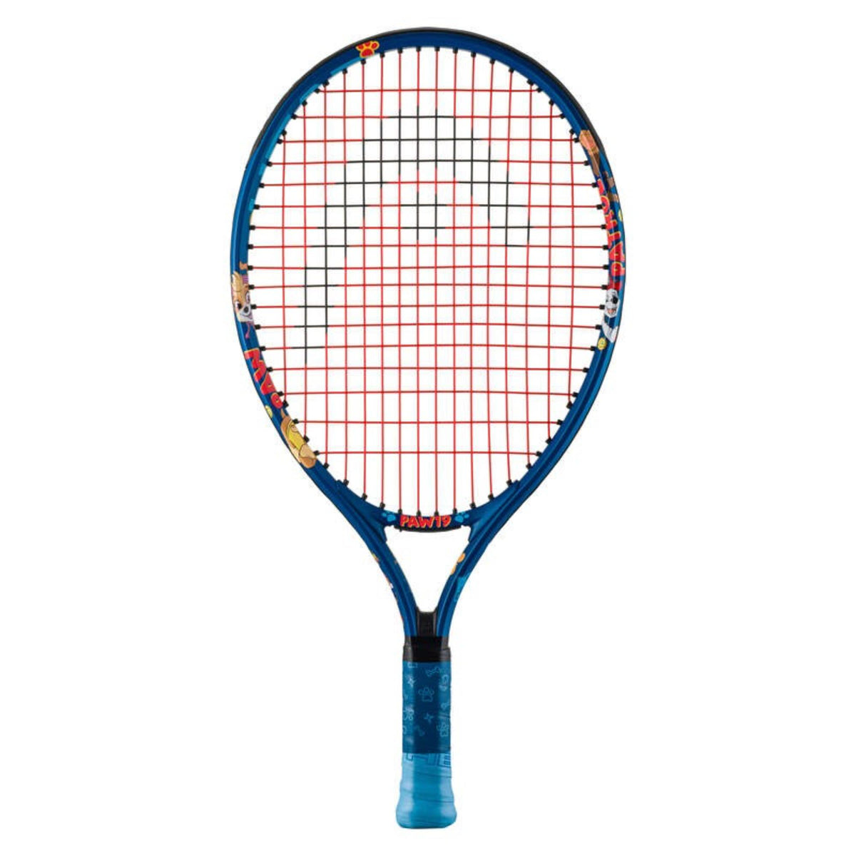 HEAD Paw 23 junior tennis racquet with blue frame, red strings, fun cartoon graphics on the hoop, and a blue grip, shown on a white background.